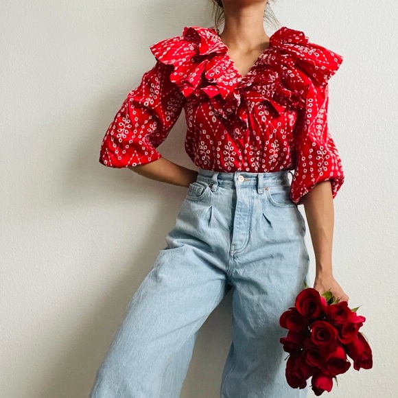 Zara red openwork embroidered ruffle blouse top - Picture 1 of 9